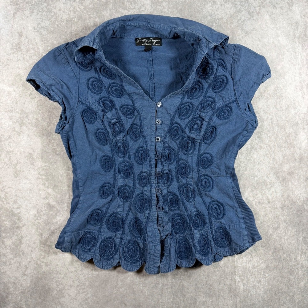 Gretty Zueger Blue Cotton Rosette Embroidered Scallop Top M Boho Peasant Blouse